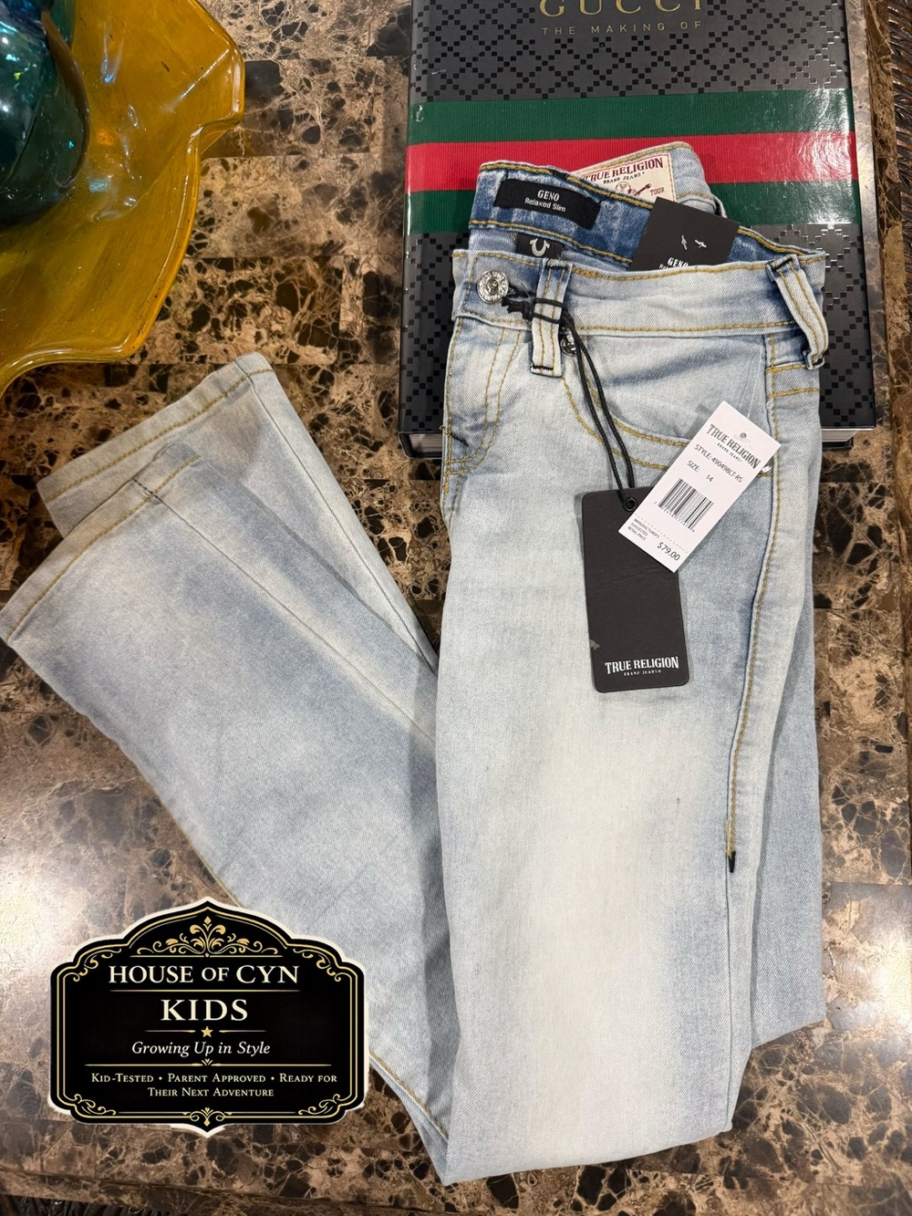 NWT True Religion Geno Relaxed Slim Boys Jeans, 14, Marbled Wash, MSRP $79